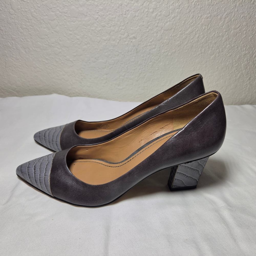 Nine West Brown Leather Grey Croc Cap Toe Pointed Block Heel Pumps Size 9M